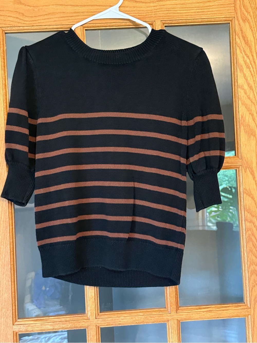 Evereve Black Crewneck Sweater with Brown Stripes
